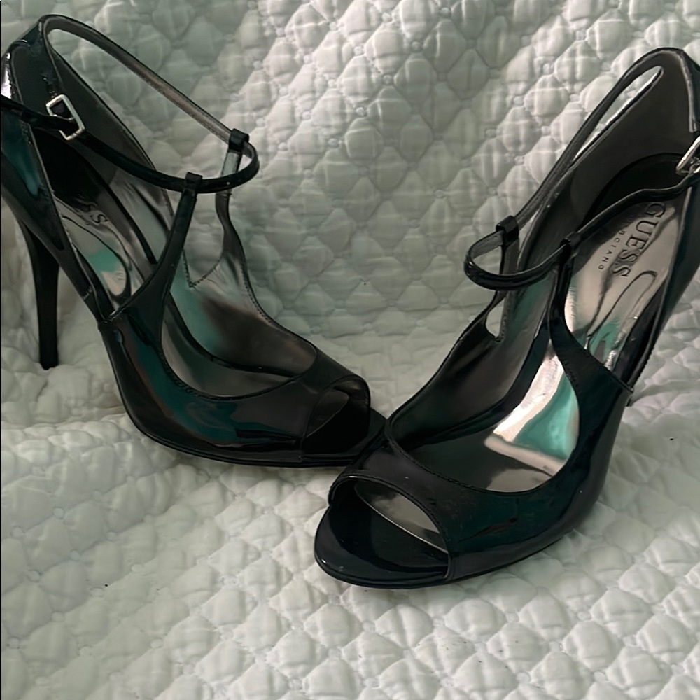 Guess Glossy Black Strappy Heels